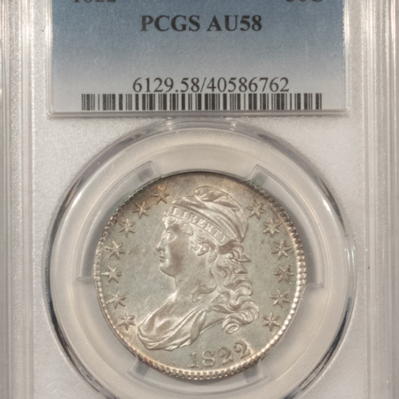 Early Halves 1822 CAPPED BUST HALF DOLLAR – PCGS AU-58, FRESH SATINY LUSTER, ATTRACTIVE & PQ!