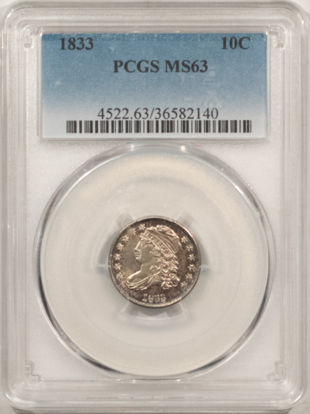 Capped Bust Dimes 1833 CAPPED BUST DIME – PCGS MS-63, CHOICE & ATTRACTIVE, GREAT TYPE COIN!