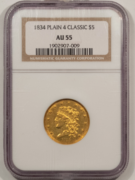$5 1834 PLAIN 4 $5 CLASSIC HEAD GOLD HALF EAGLE – NGC AU-55, NICE COLOR!