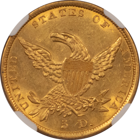 $5 1836 $5 CLASSIC HEAD GOLD HALF EAGLE – NGC MS-62+, FRESH & LOOKS CHOICE!
