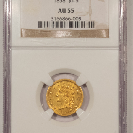 $2.50 1838 $2.50 LIBERTY GOLD QUARTER EAGLE – NGC AU-55, TOUGHER DATE!