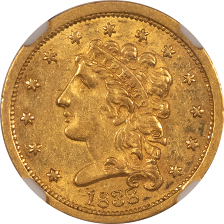 $2.50 1838 $2.50 LIBERTY GOLD QUARTER EAGLE – NGC AU-55, TOUGHER DATE!