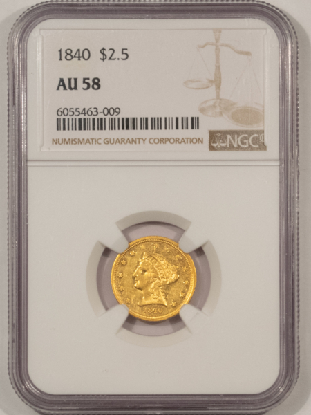 $2.50 1840 $2.50 LIBERTY GOLD QUARTER EAGLE NGC AU-58, 100 KNOWN! RARE, SEMI PROOFLIKE
