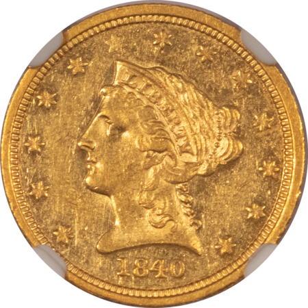$2.50 1840 $2.50 LIBERTY GOLD QUARTER EAGLE NGC AU-58, 100 KNOWN! RARE, SEMI PROOFLIKE