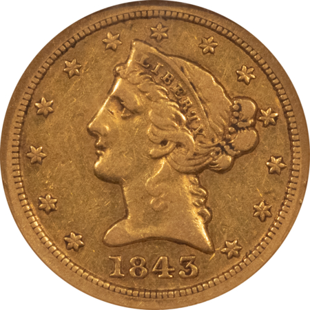 $5 1843-C $5 LIBERTY GOLD HALF EAGLE – NGC XF-40, WELL-STRUCK, PLEASING CHARLOTTE!