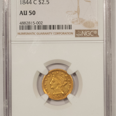 $2.50 1844-C $2.50 LIBERTY GOLD QUARTER EAGLE – NGC AU-50, RARE CHARLOTTE DATE!