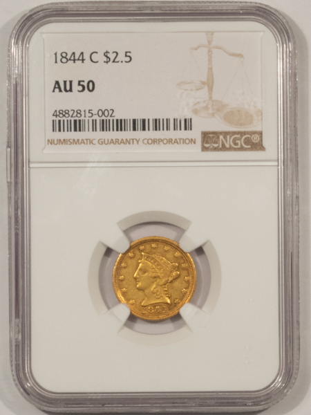 $2.50 1844-C $2.50 LIBERTY GOLD QUARTER EAGLE – NGC AU-50, RARE CHARLOTTE DATE!