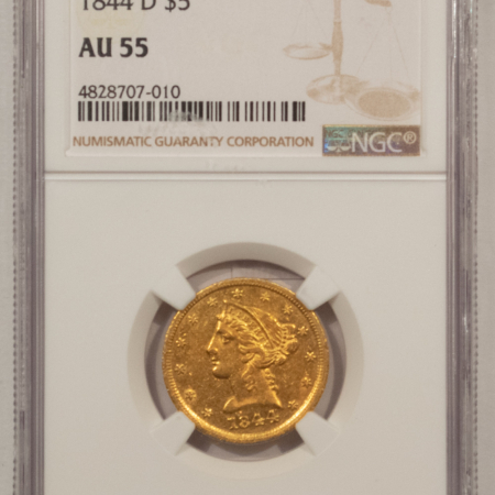 $5 1844-D $5 LIBERTY GOLD HALF EAGLE – NGC AU-55, TOUGH DAHLONEGA ISSUE!