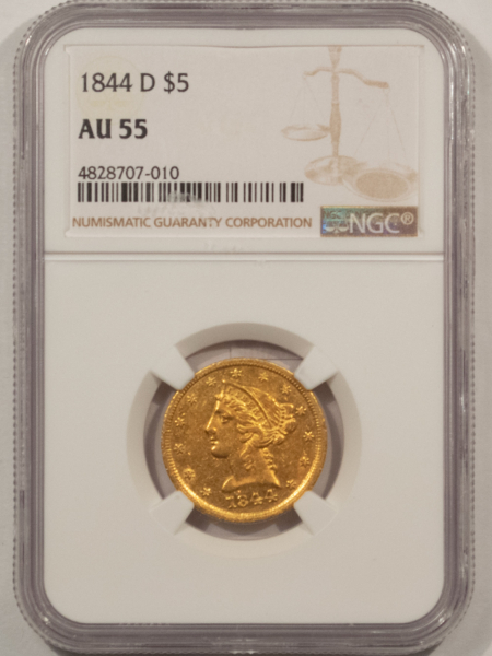 $5 1844-D $5 LIBERTY GOLD HALF EAGLE – NGC AU-55, TOUGH DAHLONEGA ISSUE!