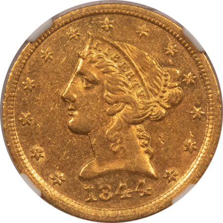 $5 1844-D $5 LIBERTY GOLD HALF EAGLE – NGC AU-55, TOUGH DAHLONEGA ISSUE!