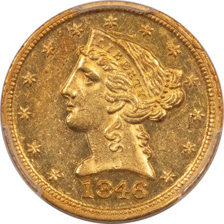 $5 1846-D $5 LIBERTY GOLD HALF EAGLE – PCGS AU-58, FLASHY & WELL-STRUCK! RARE!