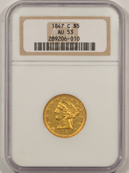 $5 1847-C $5 LIBERTY GOLD HALF EAGLE – NGC AU-53, WELL-STRUCK CHARLOTTE ISSUE!