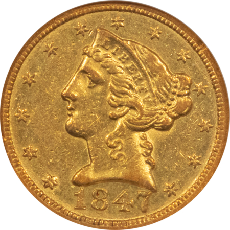 $5 1847-C $5 LIBERTY GOLD HALF EAGLE – NGC AU-53, WELL-STRUCK CHARLOTTE ISSUE!