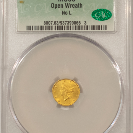 $1 1849 $1 GOLD DOLLAR, OPEN WREATH, NO L – CACG MS-63, 64 QUALITY! PQ & CAC!
