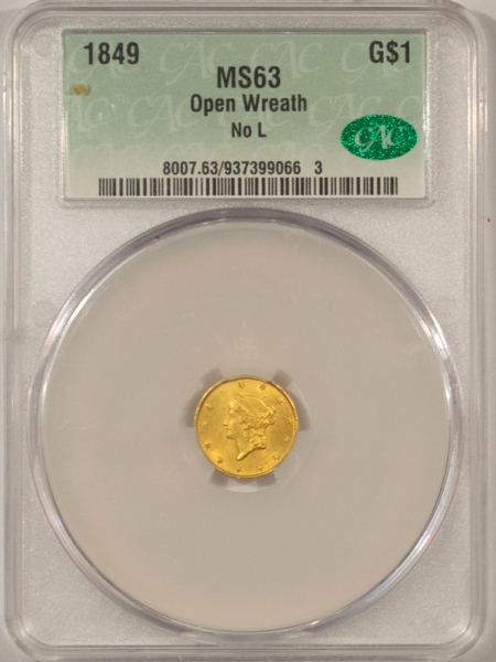 $1 1849 $1 GOLD DOLLAR, OPEN WREATH, NO L – CACG MS-63, 64 QUALITY! PQ & CAC!