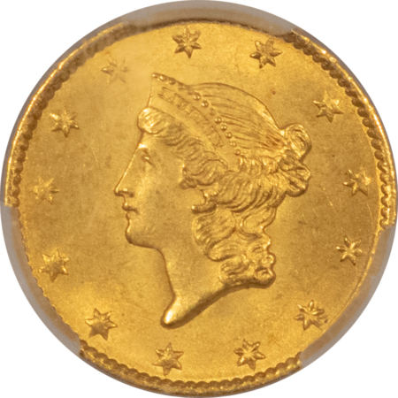 $1 1849 $1 GOLD DOLLAR, OPEN WREATH, NO L – CACG MS-63, 64 QUALITY! PQ & CAC!