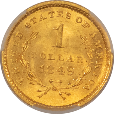 $1 1849 $1 GOLD DOLLAR, OPEN WREATH, NO L – CACG MS-63, 64 QUALITY! PQ & CAC!
