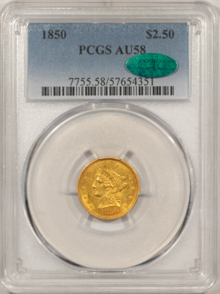 $2.50 1850 $2.50 LIBERTY GOLD QUARTER EAGLE PCGS AU-58 BETTER DATE! POP ONLY 15 @ CAC!