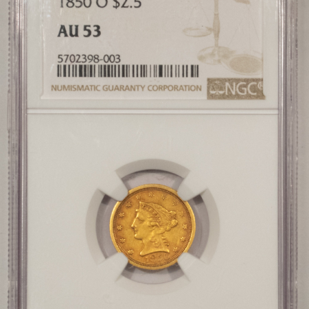 $2.50 1850-O $2.50 LIBERTY GOLD QUARTER EAGLE – NGC AU-53, NICE COLOR