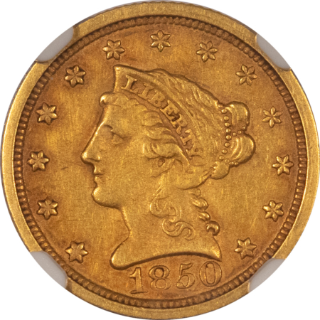 $2.50 1850-O $2.50 LIBERTY GOLD QUARTER EAGLE – NGC AU-53, NICE COLOR