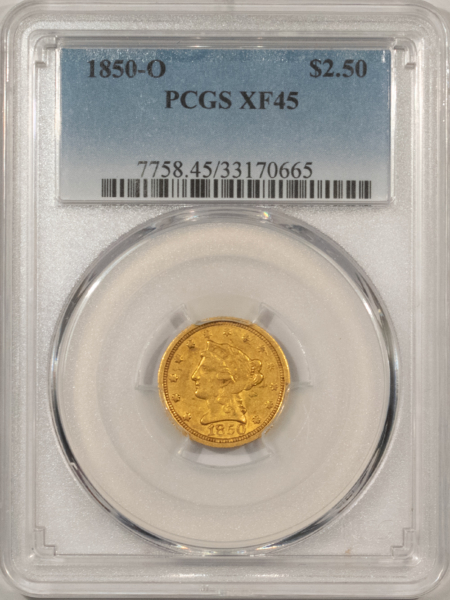 $2.50 1850-O $2.50 LIBERTY GOLD QUARTER EAGLE PCGS XF-45, REVERSE MINT MADE LAMINATION