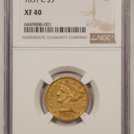 $5 1851-C $5 LIBERTY GOLD HALF EAGLE – NGC XF-40, NICE ORIGINAL CHARLOTTE MINT!