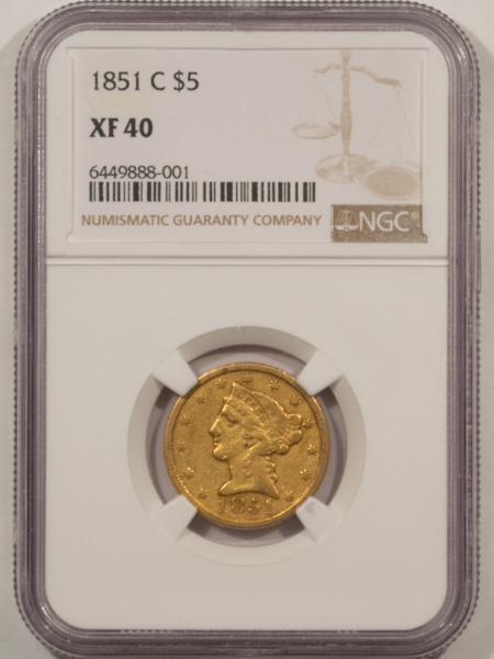 $5 1851-C $5 LIBERTY GOLD HALF EAGLE – NGC XF-40, NICE ORIGINAL CHARLOTTE MINT!