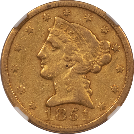$5 1851-C $5 LIBERTY GOLD HALF EAGLE – NGC XF-40, NICE ORIGINAL CHARLOTTE MINT!