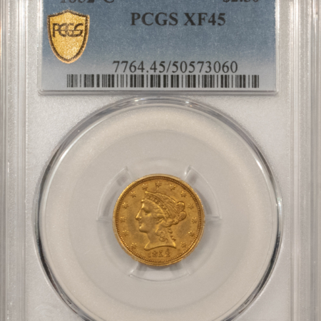 $2.50 1852-C $2.50 LIBERTY GOLD QUARTER EAGLE – PCGS XF-45, RARE DATE!