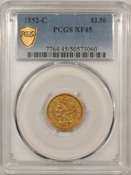$2.50 1852-C $2.50 LIBERTY GOLD QUARTER EAGLE – PCGS XF-45, RARE DATE!