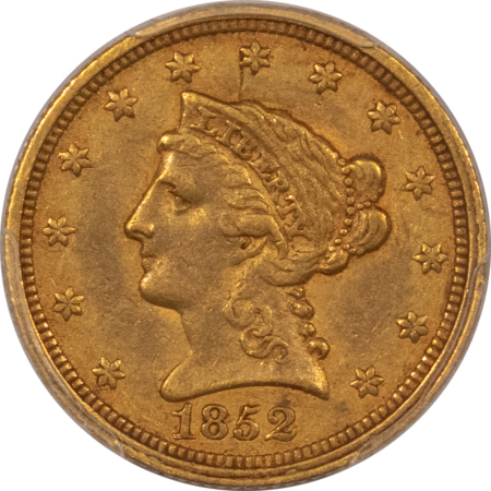 $2.50 1852-C $2.50 LIBERTY GOLD QUARTER EAGLE – PCGS XF-45, RARE DATE!