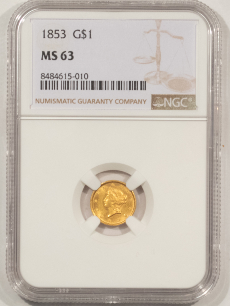 $1 1853 TYPE 1 $1 GOLD DOLLAR – NGC MS-63, NICE CHOICE