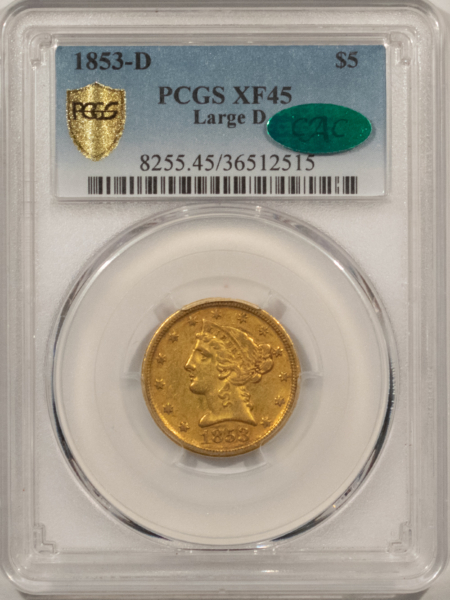 $5 1853-D $5 LIBERTY GOLD HALF EAGLE, LG D – PCGS XF-45, SUPER ORIGINAL, PQ, CAC!
