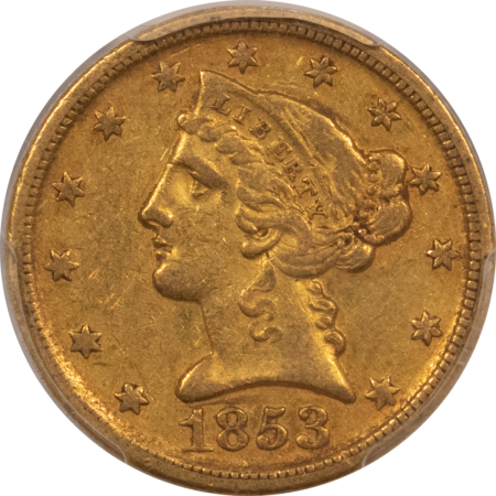 $5 1853-D $5 LIBERTY GOLD HALF EAGLE, LG D – PCGS XF-45, SUPER ORIGINAL, PQ, CAC!
