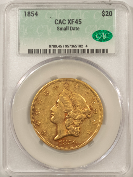 $20 1854 $20 LIBERTY GOLD DOUBLE EAGLE, SMALL DATE – CACG XF-45, CAC APPROVED!