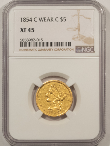 $5 1854-C $5 LIBERTY GOLD HALF EAGLE WEAK C NGC XF-45 BOLD MINTMARK FOR DESIGNATION