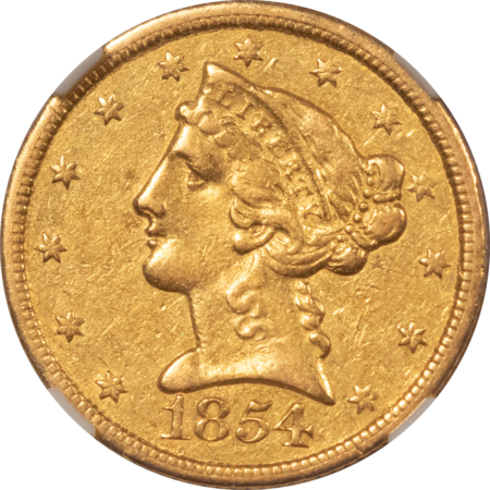 $5 1854-C $5 LIBERTY GOLD HALF EAGLE WEAK C NGC XF-45 BOLD MINTMARK FOR DESIGNATION