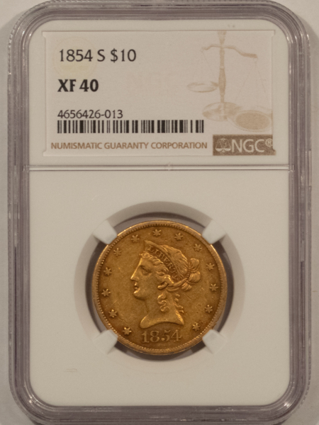 $10 1854-S $10 LIBERTY GOLD EAGLE NO MOTTO – NGC XF-40 1ST SAN FRANCISCO $10 LIBERTY