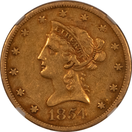 $10 1854-S $10 LIBERTY GOLD EAGLE NO MOTTO – NGC XF-40 1ST SAN FRANCISCO $10 LIBERTY