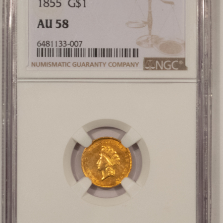 $1 1855 TYPE 2 $1 GOLD DOLLAR INDIAN PRINCESS – NGC AU-58, NICE COLOR!
