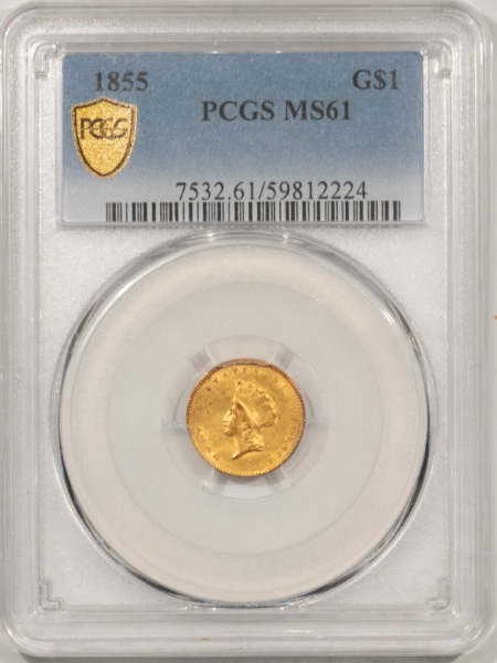 $1 1855 TYPE 2 $1 GOLD DOLLAR – PCGS MS-61, FRESH! A TRUE ORIGINAL UNC!