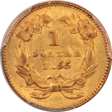 $1 1855 TYPE 2 $1 GOLD DOLLAR – PCGS MS-61, FRESH! A TRUE ORIGINAL UNC!