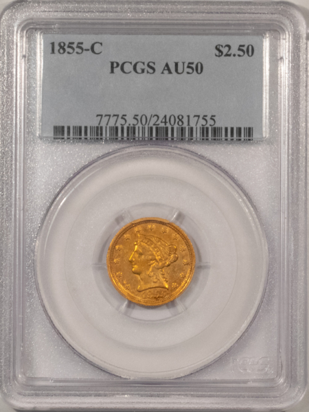 $2.50 1855-C $2.50 LIBERTY GOLD QUARTER EAGLE PCGS AU-50, ATTRACTIVE, RARE CHARLOTTE!