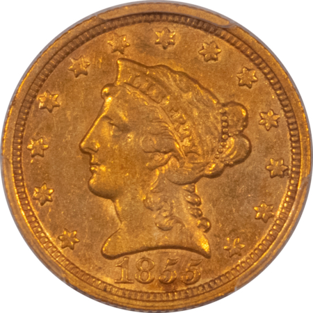 $2.50 1855-C $2.50 LIBERTY GOLD QUARTER EAGLE PCGS AU-50, ATTRACTIVE, RARE CHARLOTTE!