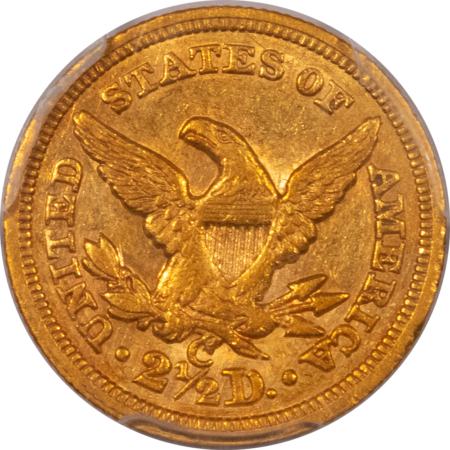 $2.50 1855-C $2.50 LIBERTY GOLD QUARTER EAGLE PCGS AU-50, ATTRACTIVE, RARE CHARLOTTE!