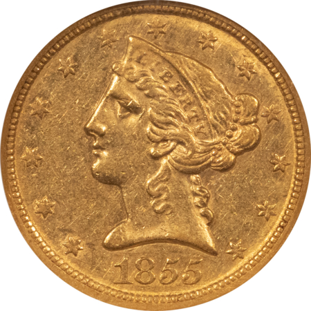 $5 1855-C $5 LIBERTY GOLD HALF EAGLE – NGC AU-58, LUSTROUS & WELL-STRUCK!