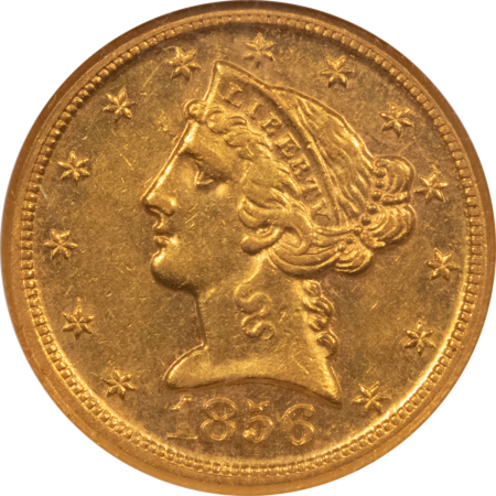 $5 1856-D $5 LIBERTY GOLD HALF EAGLE – NGC AU-58, RARE! DAHLONEGA!