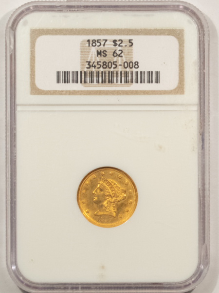 $2.50 1857 $2.50 LIBERTY GOLD QUARTER EAGLE – NGC MS-62, EARLY DATE!