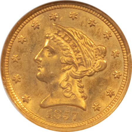 $2.50 1857 $2.50 LIBERTY GOLD QUARTER EAGLE – NGC MS-62, EARLY DATE!