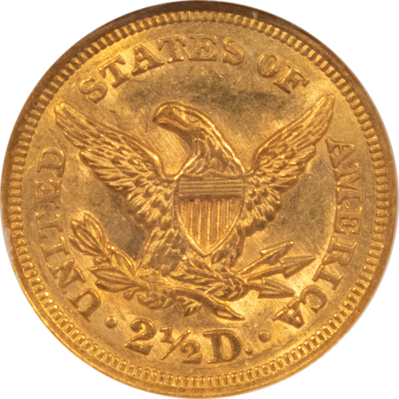 $2.50 1857 $2.50 LIBERTY GOLD QUARTER EAGLE – NGC MS-62, EARLY DATE!